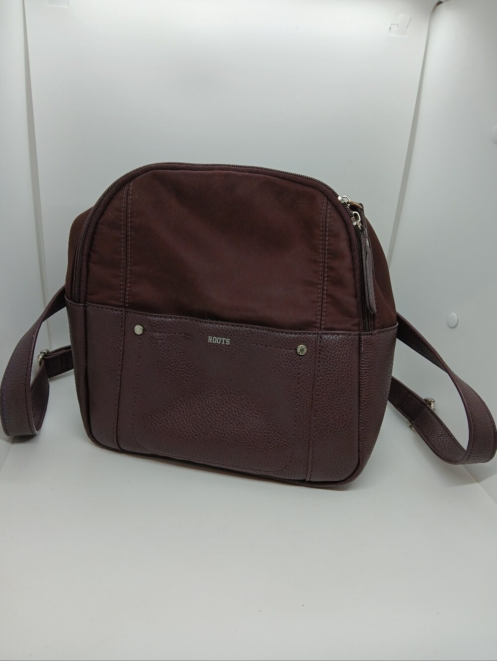 Roots Canada Brown Burgundy Nylon & Pebbled Vegan Leather Mini Backpack